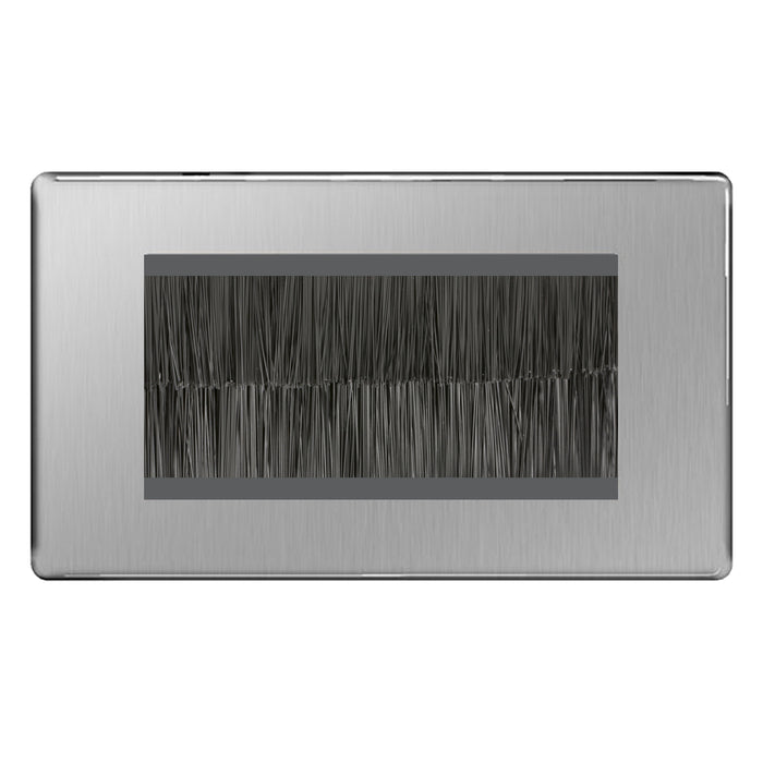 BG Screwless Brushed Steel Double 4 Gang Brush Cable Entry Wall Plate Black Insert Rectangular