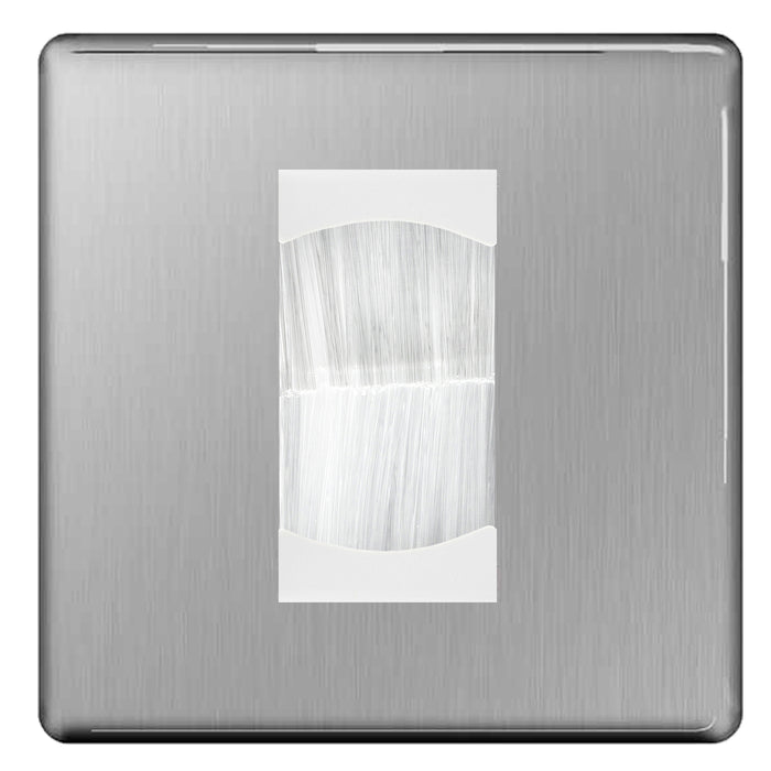 BG Screwless Brushed Steel Single 1 Gang Brush Cable Entry Wall Plate White Insert Square