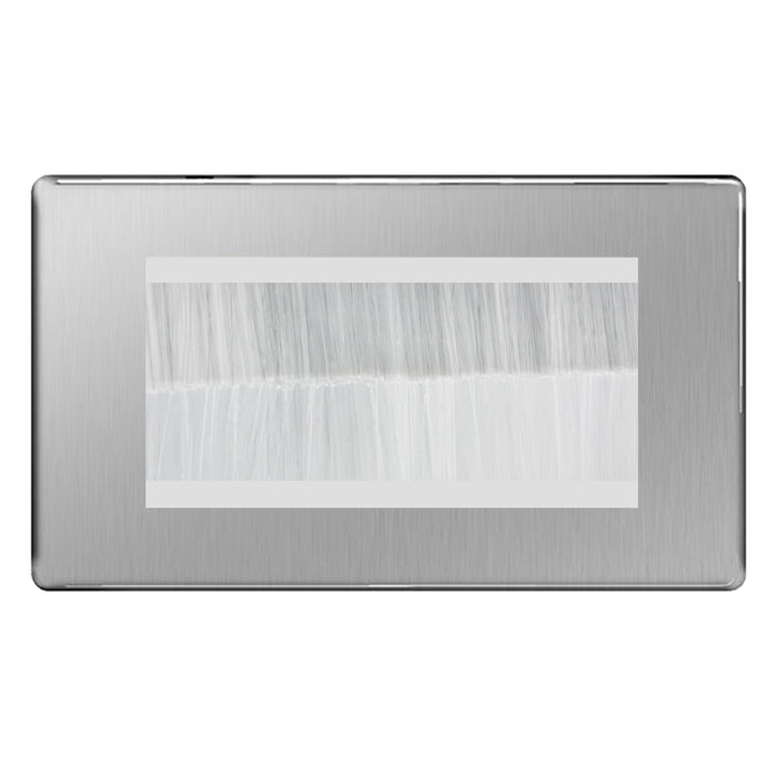 BG Screwless Brushed Steel Double 4 Gang Brush Cable Entry Wall Plate White Insert Rectangular