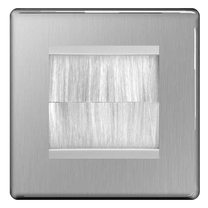 BG Screwless Brushed Steel Single 2 Gang Brush Cable Entry Wall Plate White Insert Square