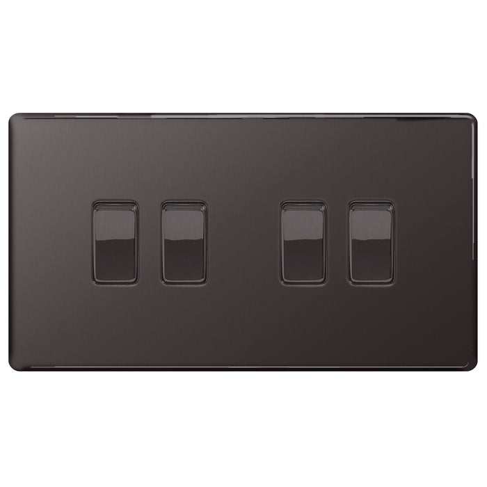 BG Nexus Screwless Flat Plate Black Nickel Quad Light Switch FBN44 10Amp