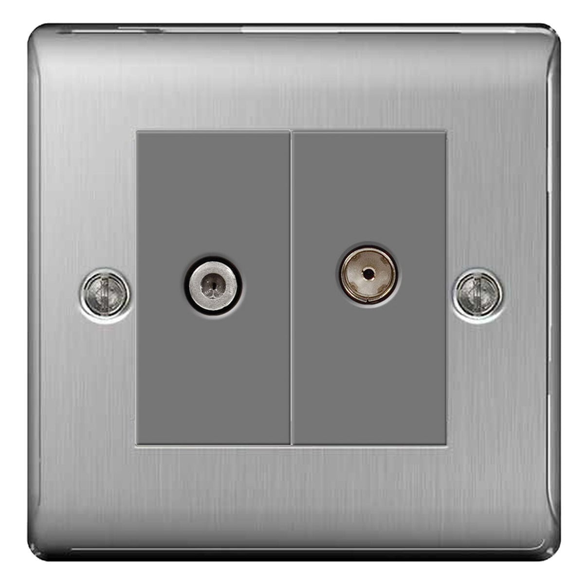 BG Nexus Brushed Steel 2 Gang 1x TV Aerial 1x Satellite Sky Socket Gre ...