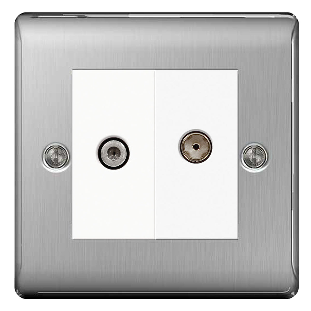 BG Nexus Brushed Steel 2 Gang 1x TV Aerial 1x Satellite Sky Socket Whi ...