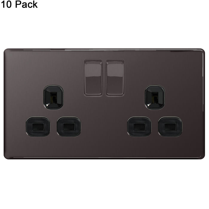 BG Nexus Screwless Flat Plate Black Nickel (Pack of 10) Double Socket FBN22B Black Inserts 13Amp