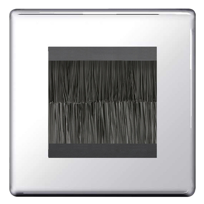 BG Screwless Polished Chrome Single 2 Gang Brush Cable Entry Wall Plate Black Insert Square