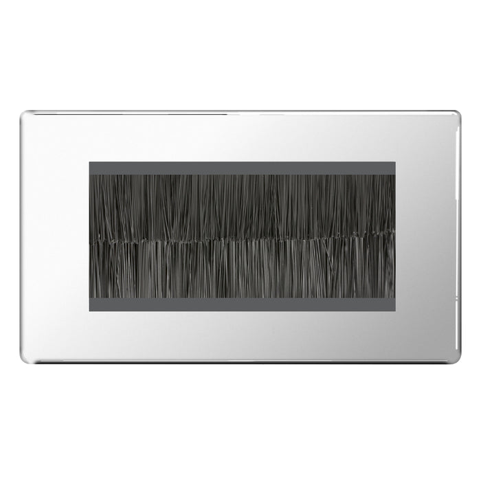BG Screwless Polished Chrome Double 4 Gang Brush Cable Entry Wall Plate Black Insert Rectangular