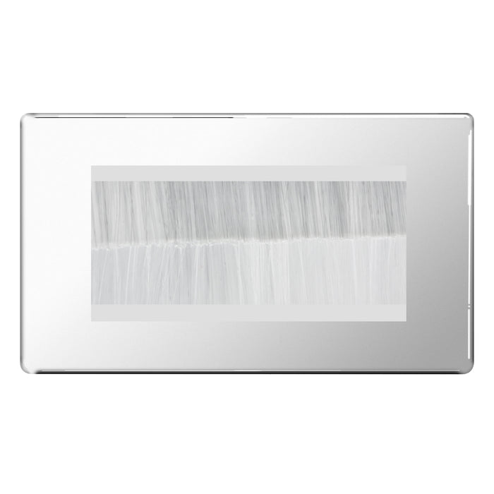BG Screwless Polished Chrome Double 4 Gang Brush Cable Entry Wall Plate White Insert Rectangular