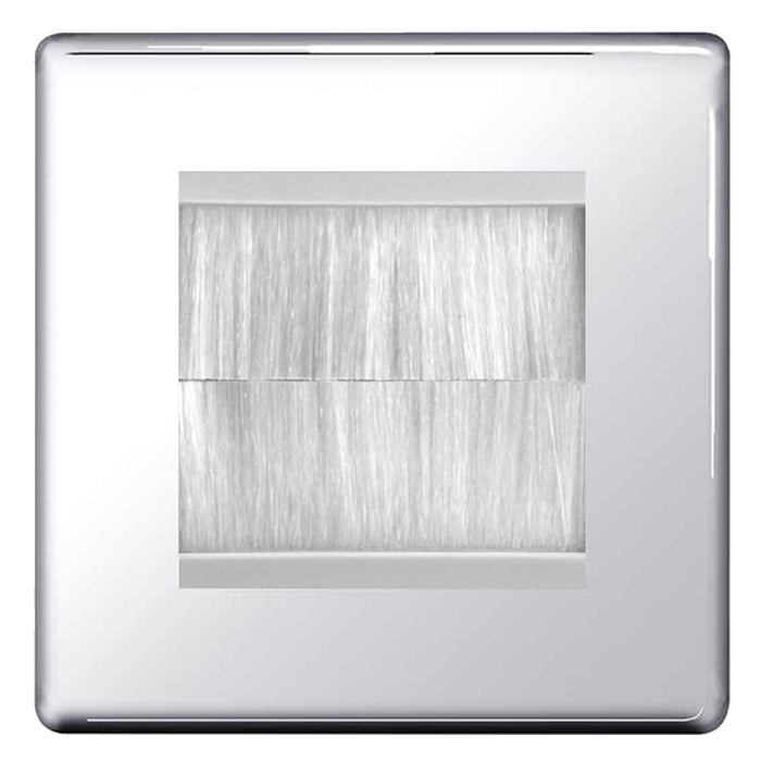 BG Screwless Polished Chrome Single 2 Gang Brush Cable Entry Wall Plate White Insert Square