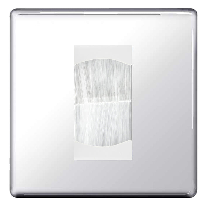 BG Screwless Polished Chrome Single 1 Gang Brush Cable Entry Wall Plate White Insert Square