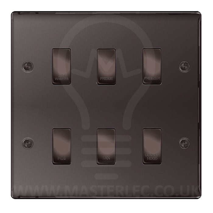 BG Black Nickel 6 Gang Engraved Custom Labelled Appliance Grid Switch
