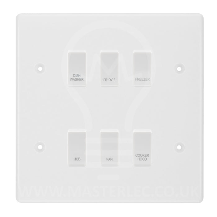 BG White Moulded 6 Gang Custom Labelled Appliance Grid Switch