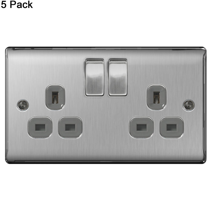 BG Nexus Brushed Steel (Pack of 5) Double Socket NBS22G Grey Inserts 13 Amp