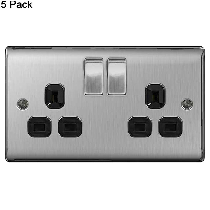 BG Nexus Brushed Steel (Pack of 5) Double Socket NBS22B Black Inserts 13 Amp