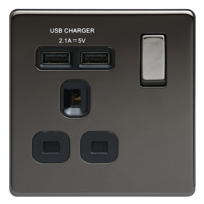BG Nexus Screwless Flat Plate Black Nickel Single Socket with USB Ports FBN21U2B Black Inserts 13Amp