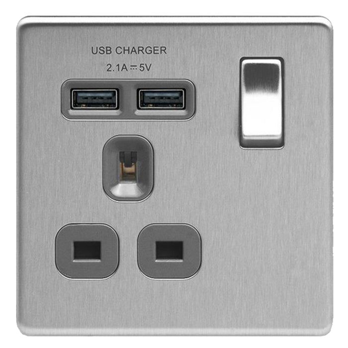 BG Nexus Screwless Flat Plate Brushed Steel Single Socket with USB Ports FBS21U2G Grey Inserts 13Amp