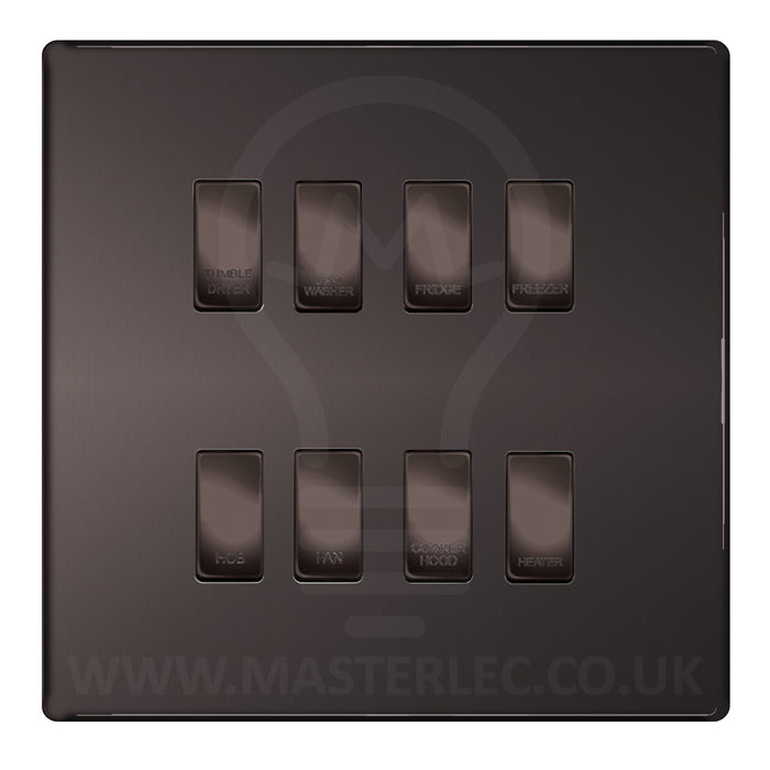 BG Screwless Black Nickel 8 Gang Engraved Custom Labelled Appliance Grid Switch