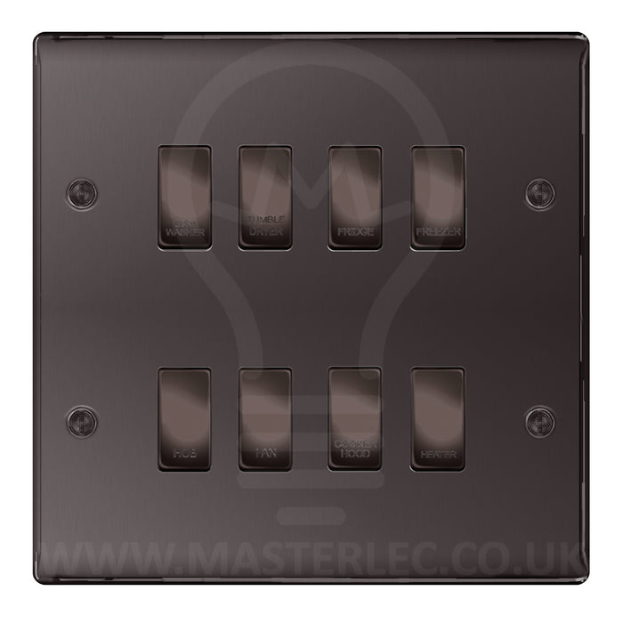 BG Black Nickel 8 Gang Engraved Custom Labelled Appliance Grid Switch