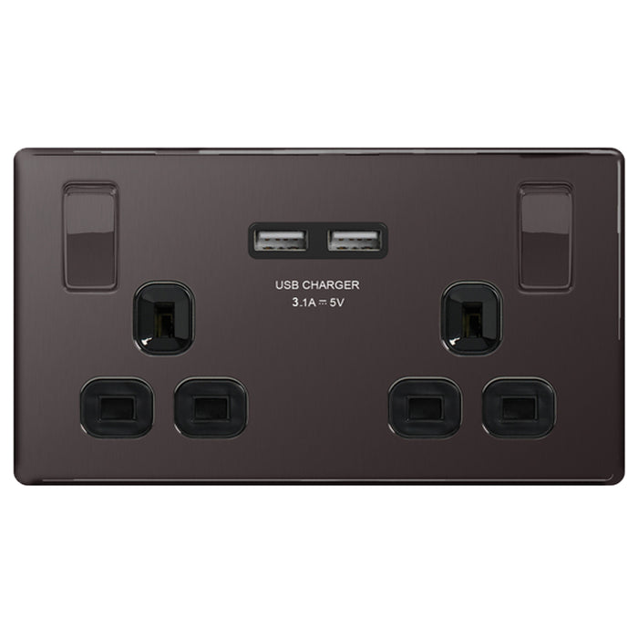 BG Nexus Screwless Flat Plate Black Nickel Double Socket with USB Ports FBN22U3B Black Inserts 13Amp