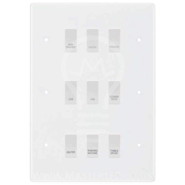 BG White Moulded 9 Gang Custom Labelled Appliance Grid Switch