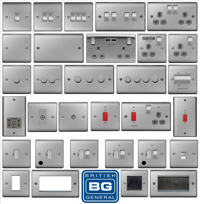 BG Nexus Brushed Steel Switches and Sockets Grey Inserts Full Range