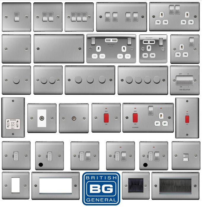 BG Nexus Brushed Steel Switches and Sockets White Inserts Full Range