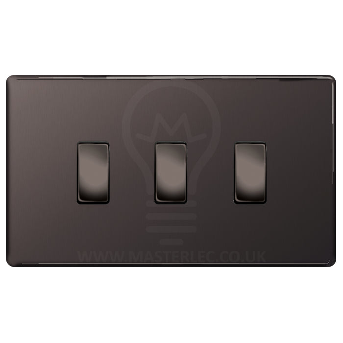BG Black Nickel Screwless Flat Plate 3 Gang Light Switch 1x Intermediate 2x 2 Way Custom Switch