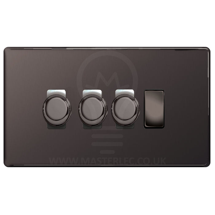 BG Black Nickel Screwless Flat Plate 4 Gang Light Switch 3x Trailing Edge LED Dimmer 1x 2 Way Custom Switch
