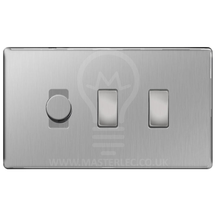 BG Brushed Steel Screwless Flat Plate 3 Gang Light Switch 1x Trailing Edge LED Dimmer 2x 2 Way Custom Switch