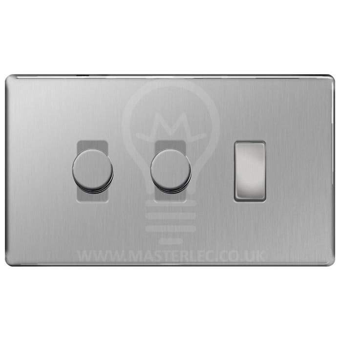 BG Brushed Steel Screwless Flat Plate 3 Gang Light Switch 2x Trailing Edge LED Dimmer 1x 2 Way Custom Switch