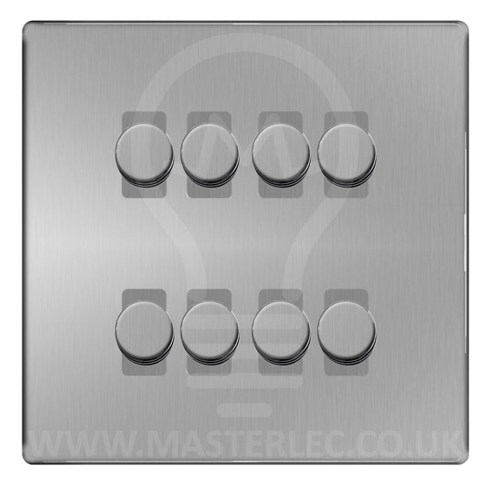 BG Brushed Steel Screwless Flat Plate 8 Gang Trailing Edge LED Dimmer Light Switch 2 Way Custom Switch
