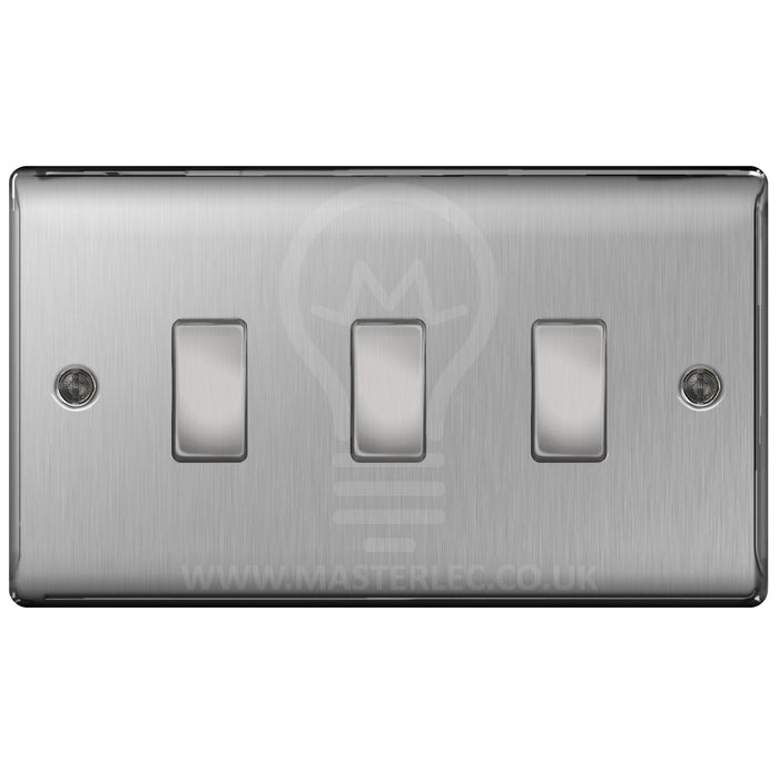 BG Brushed Steel 3 Gang Light Switch 2x Intermediate 1x 2 Way Custom Switch