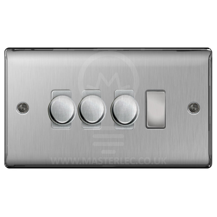 BG Brushed Steel 4 Gang Light Switch 3x Trailing Edge LED Dimmer 1x 2 Way Custom Switch