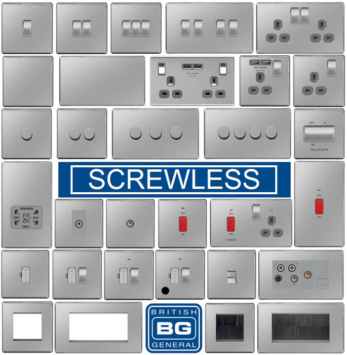 BG Nexus Screwless Flat Plate Brushed Steel Switches and Sockets Grey Inserts Full Range