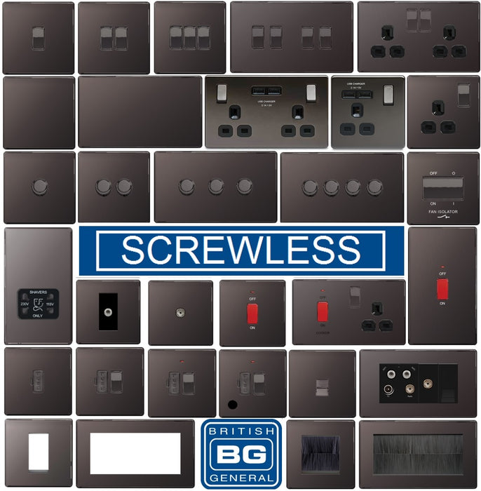 BG Nexus Screwless Flat Plate Black Nickel Switches and Sockets Black Inserts Full Range