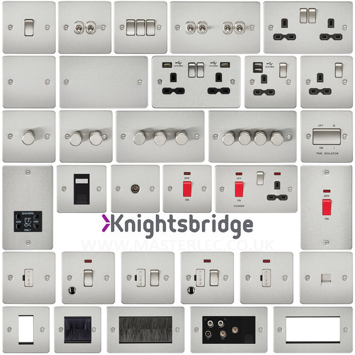 Knightsbridge Screwed Flat Plate Brushed Chrome Switches & Sockets Satin Black Inserts