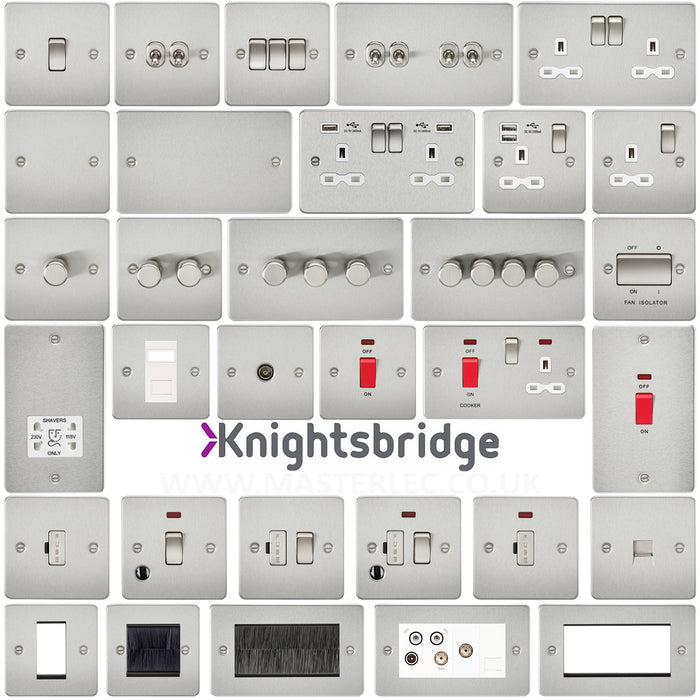 Knightsbridge Screwed Flat Plate Brushed Chrome Switches & Sockets Satin White Inserts
