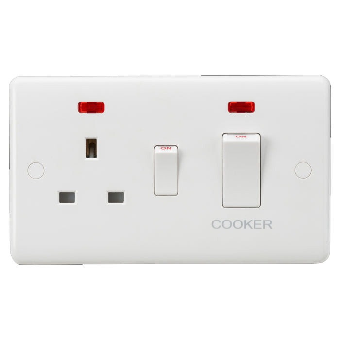 Curved Edge 45A DP Cooker Switch and 13A Socket with Neons (White Rocker)