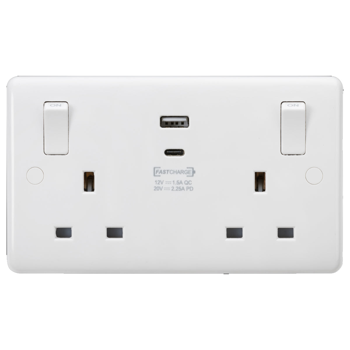 13A 2G Switched socket with outboard rockers and dual USB (A+C) QC18W ...