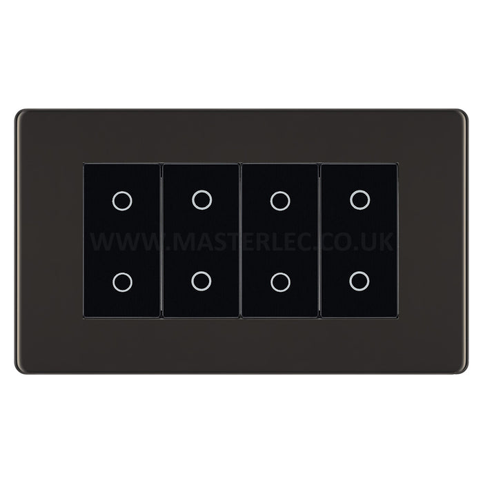 BG Nexus Screwless Black Nickel Quad Master Touch Dimmer Switch Black Inserts FBNTDM4B