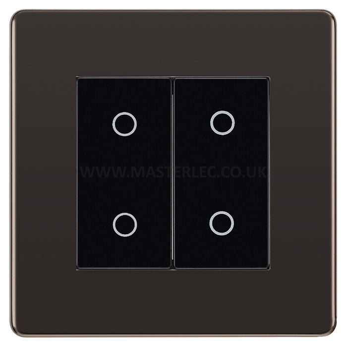 BG Nexus Screwless Black Nickel Double Master Touch Dimmer Switch Black Inserts FBNTDM2B