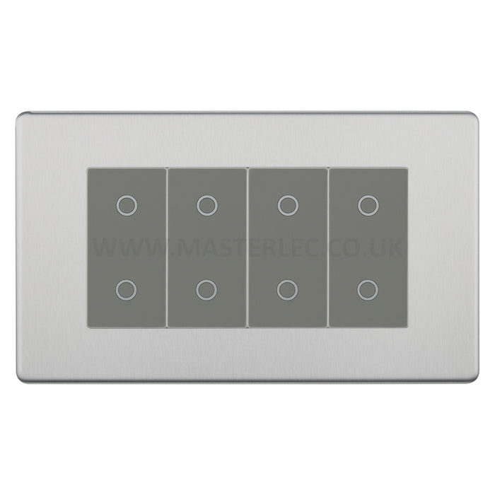 BG Nexus Screwless Brushed Steel Quad Secondary Touch Dimmer Switch Grey Inserts FBSTDS4G