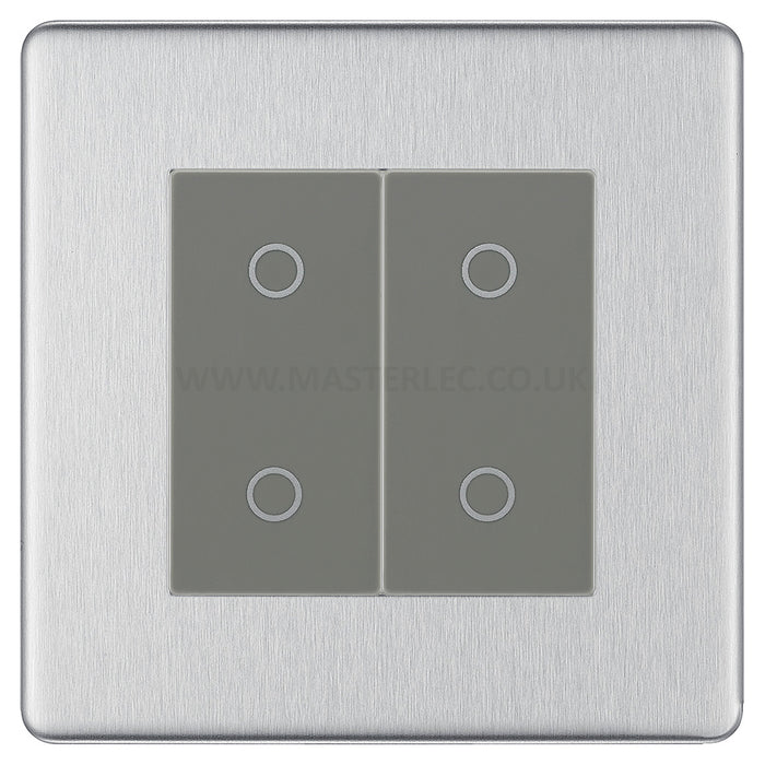 BG Nexus Screwless Brushed Steel Double Master Touch Dimmer Switch Grey Inserts FBSTDM2G