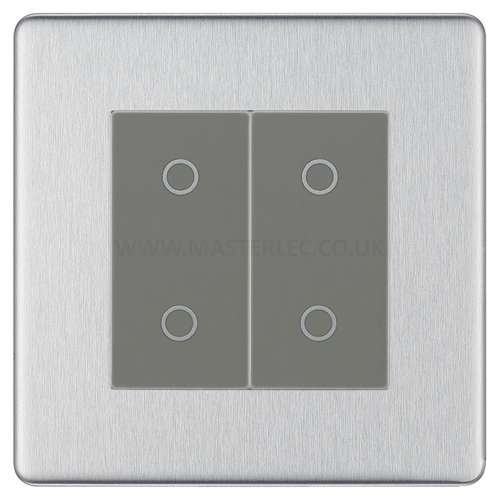 BG Nexus Screwless Brushed Steel Double Secondary Touch Dimmer Switch Grey Inserts FBSTDS2G