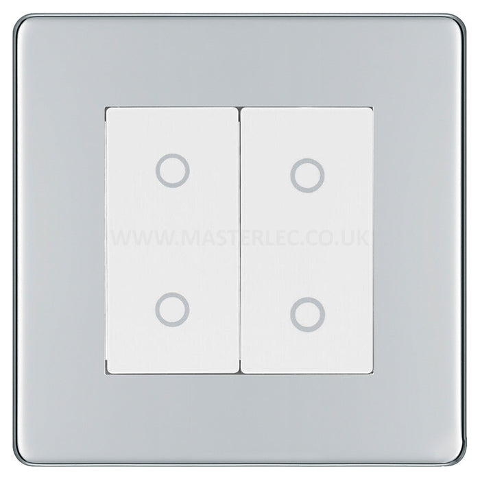 BG Nexus Screwless Polished Chrome Double Master Touch Dimmer Switch White Inserts FPCTDM2W