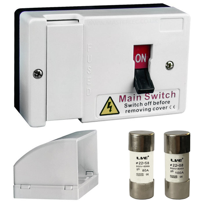 Live Fused Main Switch Fuse Isolator 80 and 100 Amp with Cable Duct Shroud LFIS100