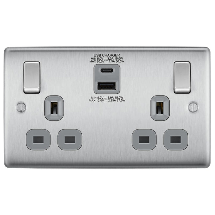 BG NBS22UAC30G Brushed Steel Double Socket with USB 30W Type A & Type C USB