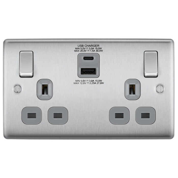 BG NBS22UACG Brushed Steel Double Socket with USB 30W Type A & Type C USB