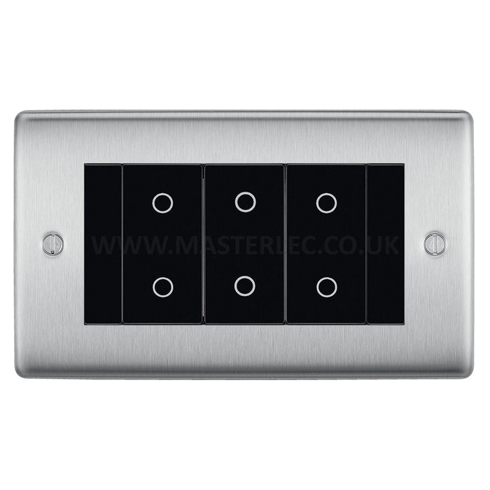 BG Nexus Brushed Steel Triple Secondary Touch Dimmer Switch Black Inserts NBSTDS3B