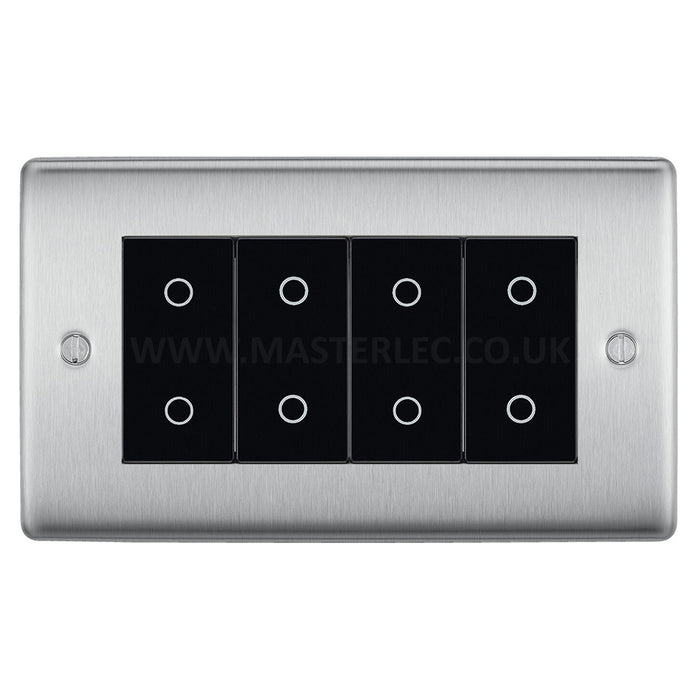 BG Nexus Brushed Steel Quad Secondary Touch Dimmer Switch Black Inserts NBSTDS4B