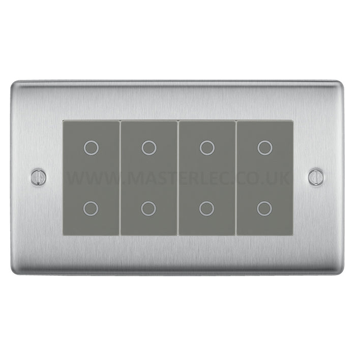 BG Nexus Brushed Steel Quad Secondary Touch Dimmer Switch Grey Inserts NBSTDS4G